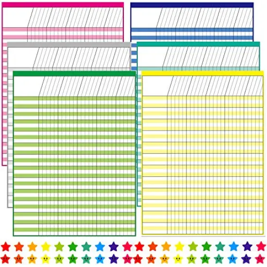 6 Pack Multi-Color Laminated Dry Erase Incentive Chart with 120 Reward Star Stickers for Chore Responsibility, School Attendance, Homework Progress Tracking Chart (17 Inch x 22 Inch) {1}