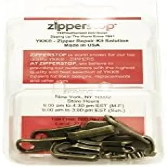 ZipperStop Wholesale - Zipper Repair Kit Solution, YKK Brand 5mm Metal Reversible Style Pulls- 3pcs with Top-Bottom Stoppers Made in USA in Clamshell Box W/Hanger (Antique Brass) {1}