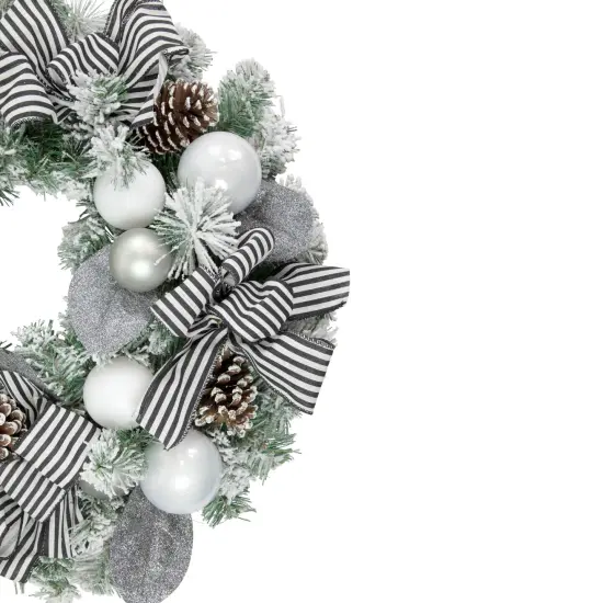 Northlight Frosted Pine Artificial Christmas Wreath with Striped Bows - 24" -Unlit White {4}