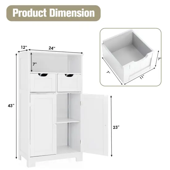 Bathroom Wooden Side Cabinet with 2 Drawers and 2 Doors White {5}