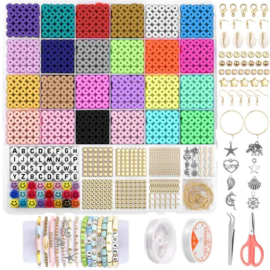 6000 Pieces 24 Colors 6mm Polymer Clay Beads,Bracelet Making Kit,Preppy Flat Spacer Heishi Beads for Jewelry Making with Smiley Face Beads Letter Beads Pendant Charms kit,Gifts/DIY {1}