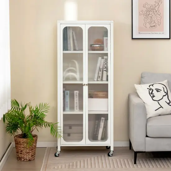 Costway Storage Cabinet with Wheels & 2 Translucent Doors Adjustable Shelves Sideboard 24" x 14.5" x 58" {2}