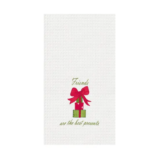 27" x 18" Christmas Presents w/ Red Bow "Friends Are The Best Presents" Red Bow Embroidered Cotton Waffle Weave Kitchen Dishtowel {1}