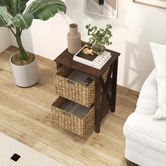 Costway 1/2 PCS 2-Tier Nightstand with 2 Seagrass Baskets Rubber Wood X-Shaped Frames 2 Drawers {9}