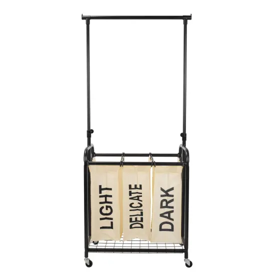 Oceanstar 3-Bag Rolling Laundry Sorter with Adjustable Hanging Bar, White {5}