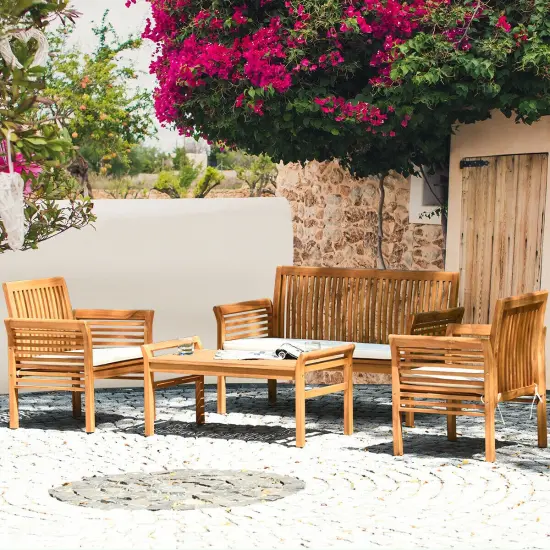 4 Pieces Natural Outdoor Acacia Wood Sofa Furniture Set {2}