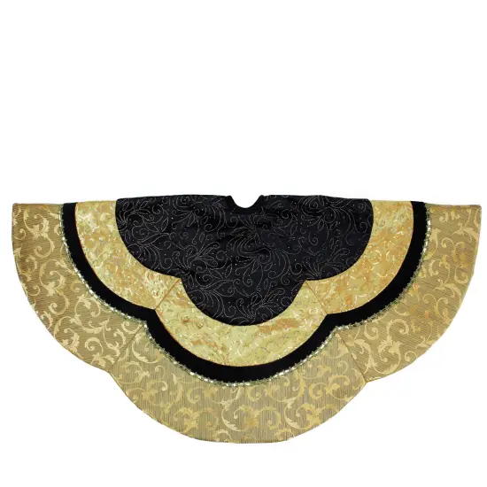 Northlight 48" Black and Gold Velveteen Floral Scallop Christmas Tree Skirt {3}