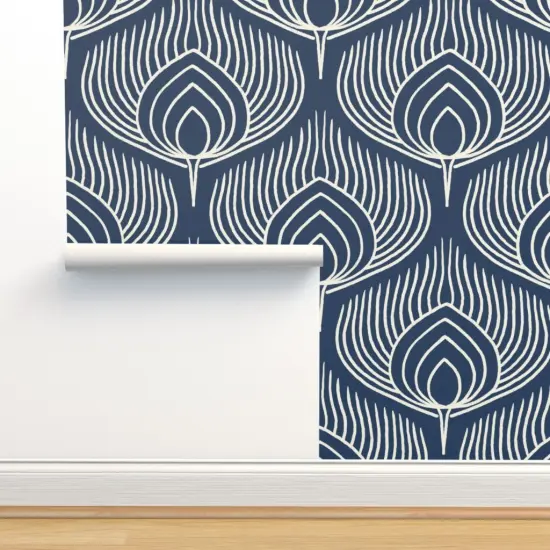 Pre-Pasted Wallpaper 2FT Wide Bird Peacock Abstract Feathers Animal Print Exotic Line Art Custom Pre-pasted Wallpaper by Spoonflower {2}