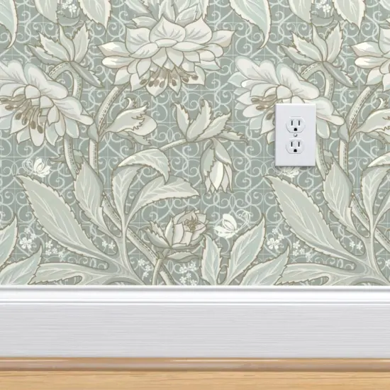 Peel & Stick Wallpaper 2FT Wide Pale Green Antique Victorian Sage Hellebore Arts And Crafts Floral Neutral Art Nouveau Large Scale Damask Botanical Custom Removable Wallpaper by Spoonflower {4}