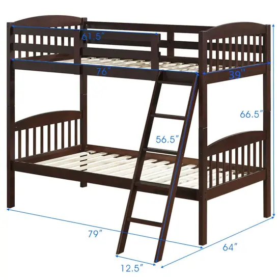 Wood Bunk Bed Twin with Inclined Ladder, Convertible, Safe and Space-Saving Brown {4}
