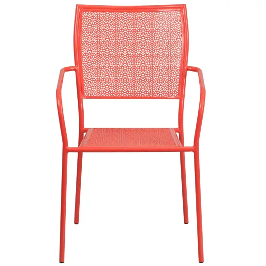 Emma and Oliver Commercial Grade Colorful Metal Patio Arm Chair with Square Back Coral {3}