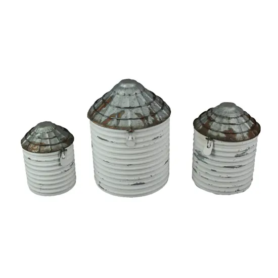 Vintage Farmhouse Style Galvanized Decorative Tin Silo Canister Set of 3 {7}