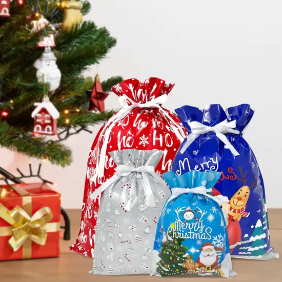 Wrapables Aluminum Foil Christmas Holiday Drawstring Gift Bags for Party Favors, Goodie Bag, Treats, Gift Wrap, Parties (of 6) Blue Silver {3}