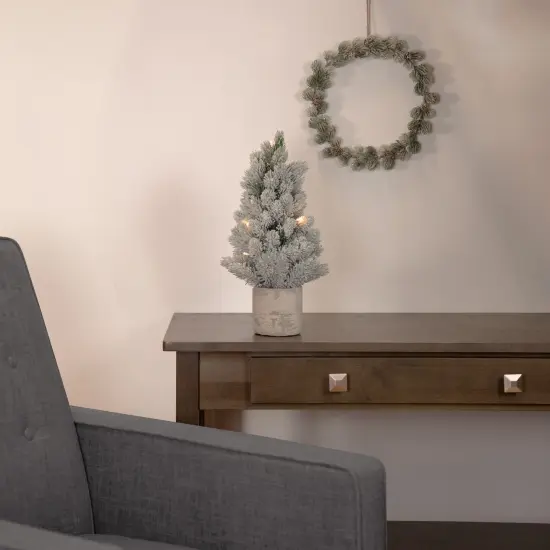 Northlight 16" LED Lighted Mini Frosted Pine Christmas Tree in Cement Base Green {3}