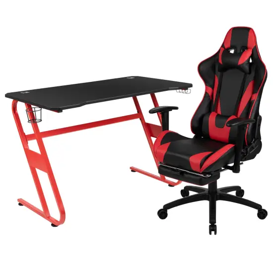 Emma and Oliver Desk Bundle-Gaming Desk, Cup Holder, Headphone Hook and Reclining Chair Red {1}