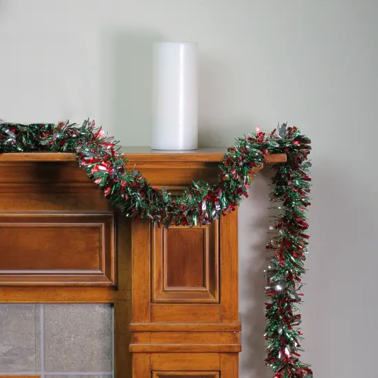 Northlight Wide Cut Christmas Tinsel Garland - 12' x 4" - Green, Silver and Red - Unlit {4}
