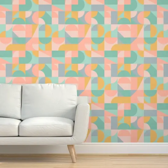 Peel & Stick Wallpaper 2FT Wide Pastel Mod Mint Retro Abstract Gold Green Mcm Blush Pink Shapes Vintage Style Custom Removable Wallpaper by Spoonflower {5}