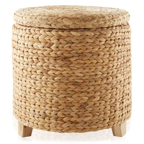 Casafield 17" Round Storage Ottoman with Lid, Handwoven Water Hyacinth Footstool for Living Room, Bedroom, Bathroom, Home Office {3}