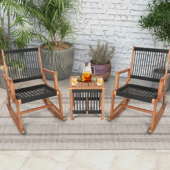 Costway 3pcs Patio Acacia Wood Bistro Table Rocking Chair Set All-Weather Rope Outdoor {4}
