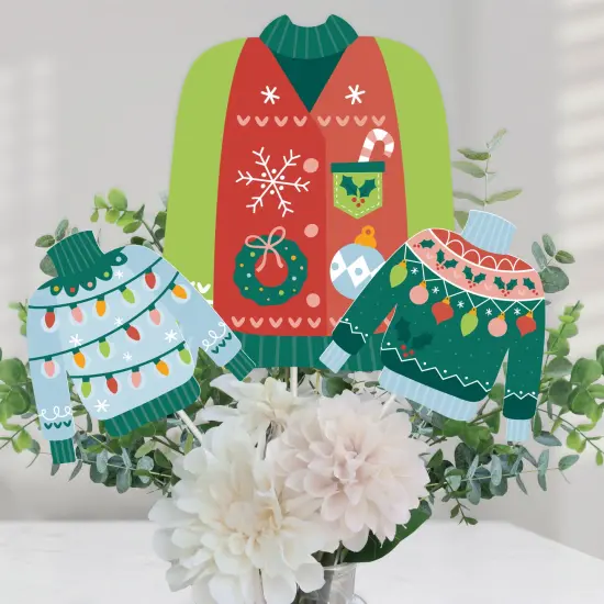 Big Dot of Happiness Colorful Christmas Sweaters - Ugly Sweater Holiday Party Centerpiece Sticks - Table Toppers - Set of 15 {1}