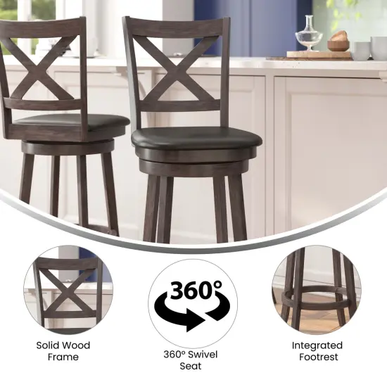 Merrick Lane Sora 30" Classic Wooden Crossback Swivel Bar Height Pub Stool with Upholstered Padded Seat and Integrated Footrest GrayWashWalnut/Black {2}