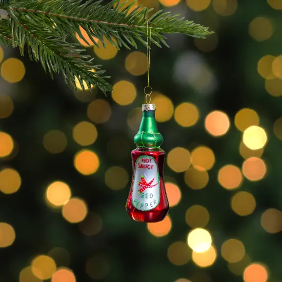 Northlight Glittered Bottle of Hot Sauce Glass Christmas Ornament - 4" - Red and Green {1}