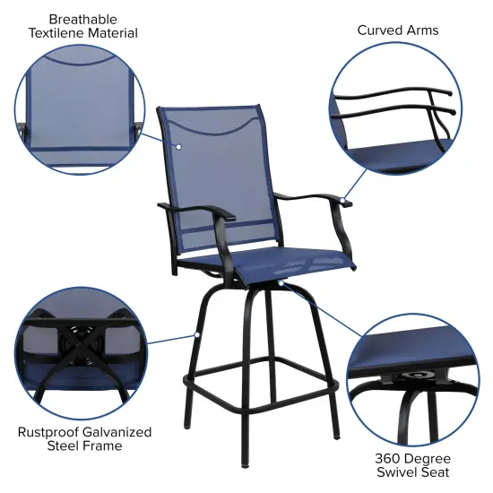 Merrick Lane Set of 2 Brett High Back Bar Height Swivel Patio Stools with Powder Coated Metal Frames and Textilene Upholstery Navy {2}