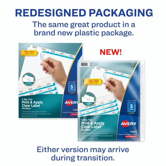 Avery 5 Big Tab Dividers for 3 Ring Binder, Easy Print & Apply Clear Label Strip, Index Maker Customizable White Tabs, 5 Sets (11492) {2}