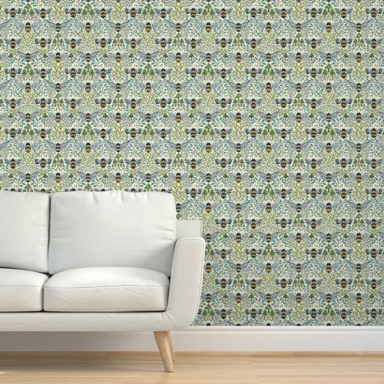 Peel & Stick Wallpaper 2FT Wide Mushroom Botanical Bumblebee Pollinator Medium Scale Blue Green Gold Custom Removable Wallpaper by Spoonflower {5}