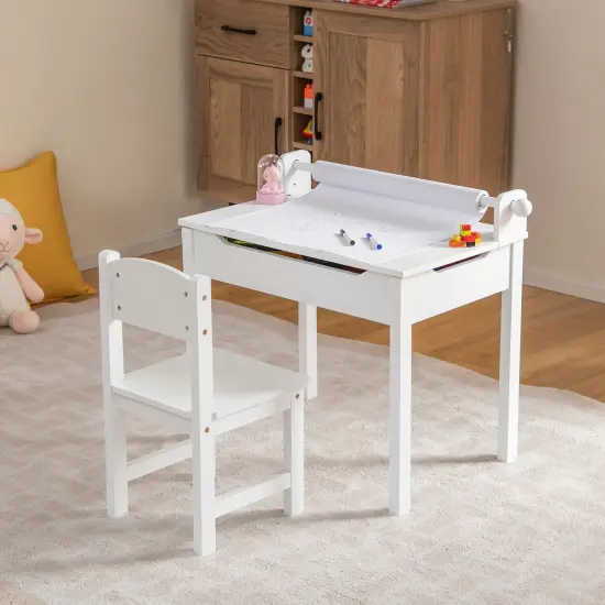 Wooden Kids Table and Chair Set with Storage and Paper Roll Holder White {2}