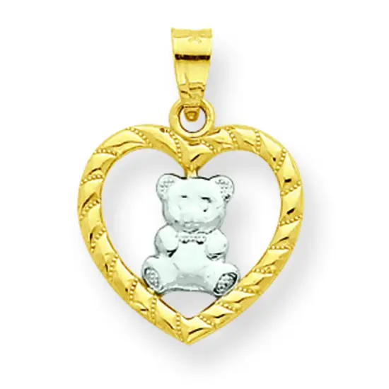 10K Gold & Rhodium Plated Teddy Bear Heart Charm Pendant Jewelry 20mm x 15mm {1}