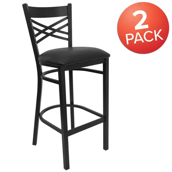 Emma and Oliver 2 Pack "X" Back Metal Restaurant Barstool BlackVYL/BlackMetal {5}