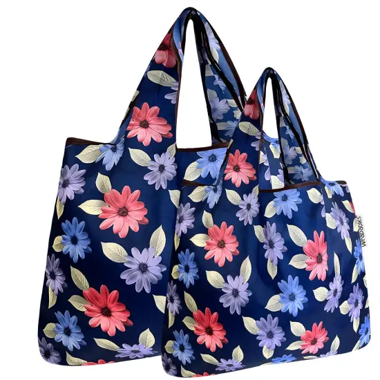 Wrapables Large & Small Foldable Tote Nylon Reusable Grocery Bags, Set of 2 Colorful Daisies {1}