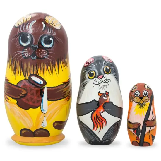Set of 3 Cats with Milk and Fish Wooden Nesting Dolls 4.25 Inches {1}