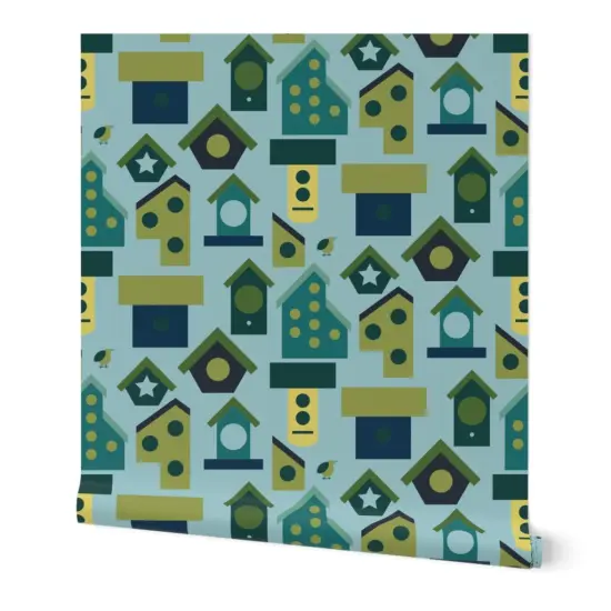 Peel & Stick Wallpaper 2FT Wide Birdhouse Colorful Cheerful Gardening Birding Teal Blue Green Custom Removable Wallpaper by Spoonflower {7}