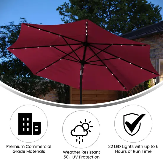 Merrick Lane Kinsley 9 FT Solar Patio Umbrella with LED Lights, Crank Handle and Push Button Tilt Red {2}