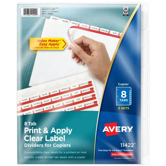 Avery 8 Tab Dividers for 3 Ring Binder, Easy Print & Apply Clear Label Strip for Copiers, Index Maker Customizable White Tabs, 5 Sets (11422) {1}