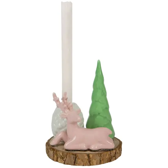 Northlight Reindeer with Tree and Pine Cone Christmas Taper Candle Holder - 6" Pink {4}