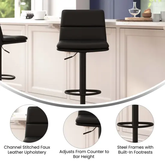 Merrick Lane Keene Modern Upholstered Adjustable Height Stools with Sturdy Iron Bases Black/Black {2}