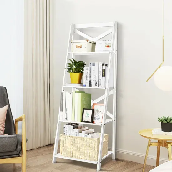 MDF 4-Tier Free Standing Ladder Shelf Bookcase with Space-Saving Design White {2}