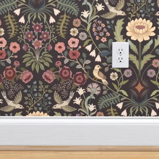 Peel & Stick Wallpaper 2FT Wide Traditional Floral Folk Art Birds Victorian Green Pinks Burgundy Extra Large Custom Removable Wallpaper by Spoonflower {4}