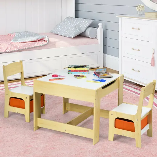Kids Table Chairs Set With Storage Boxes Blackboard Whiteboard Drawing Beige {2}