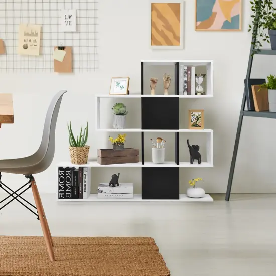 Engineered Wood Ladder Bookshelf, 5-Tier Display Rack Black & White {2}