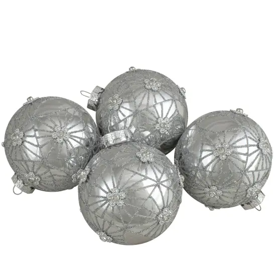 Northlight Glittered Floral Christmas Glass Ball Ornaments - 3.25" (80mm) - Silver - 4ct {1}