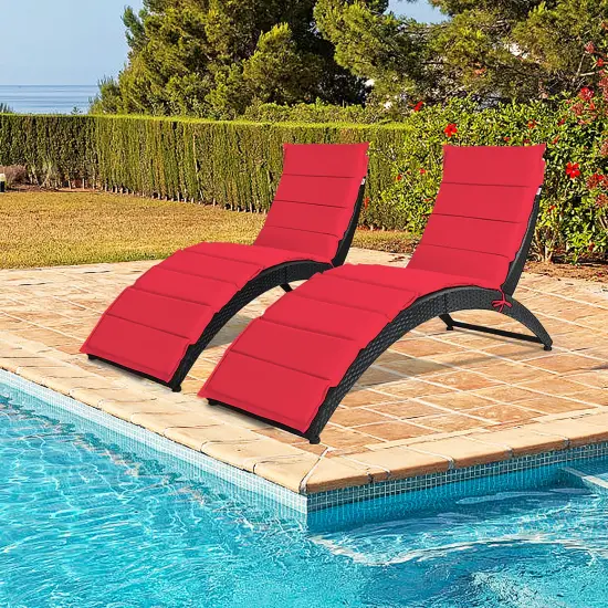 Costway 2PCS Folding Patio Rattan Lounge Chair Chaise Cushioned Portable Garden Lawn Red {1}