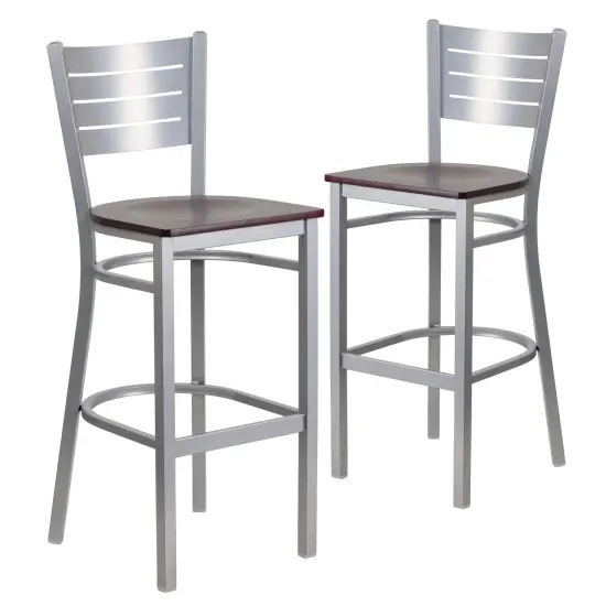 Emma and Oliver 2 Pack Silver Slat Back Metal Restaurant Barstool MahoganyWood/Silver {1}