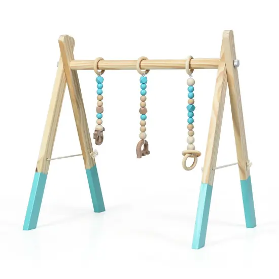 Portable 3 Wooden Newborn Baby Exercise Activity Gym Teething Toys Hanging Bar Blue {4}