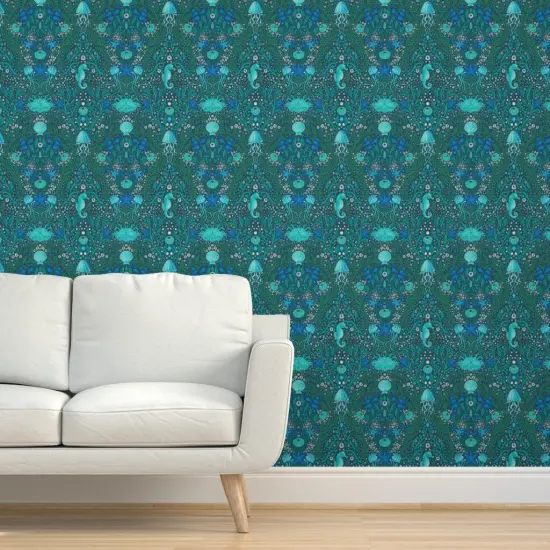 Pre-Pasted Wallpaper 2FT Wide Blue Small Scale Ocean Aquatic Life Seahorses Seaweed Aqua Water Beach Coastal Jellyfish Sea Urchin Custom Pre-pasted Wallpaper by Spoonflower {5}