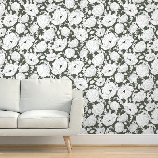 Pre-Pasted Wallpaper 2FT Wide Floral Poppies Boho Flowers Olive White Line Drawing Large Scale Leaves Retro Green Custom Pre-pasted Wallpaper by Spoonflower {5}