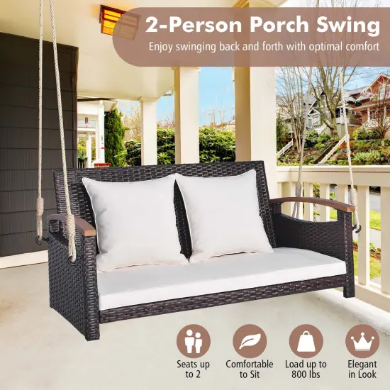 Costway Patio Rattan Porch Swing 2-Person Hanging Chair Cushioned Loveseat for Backyard {6}